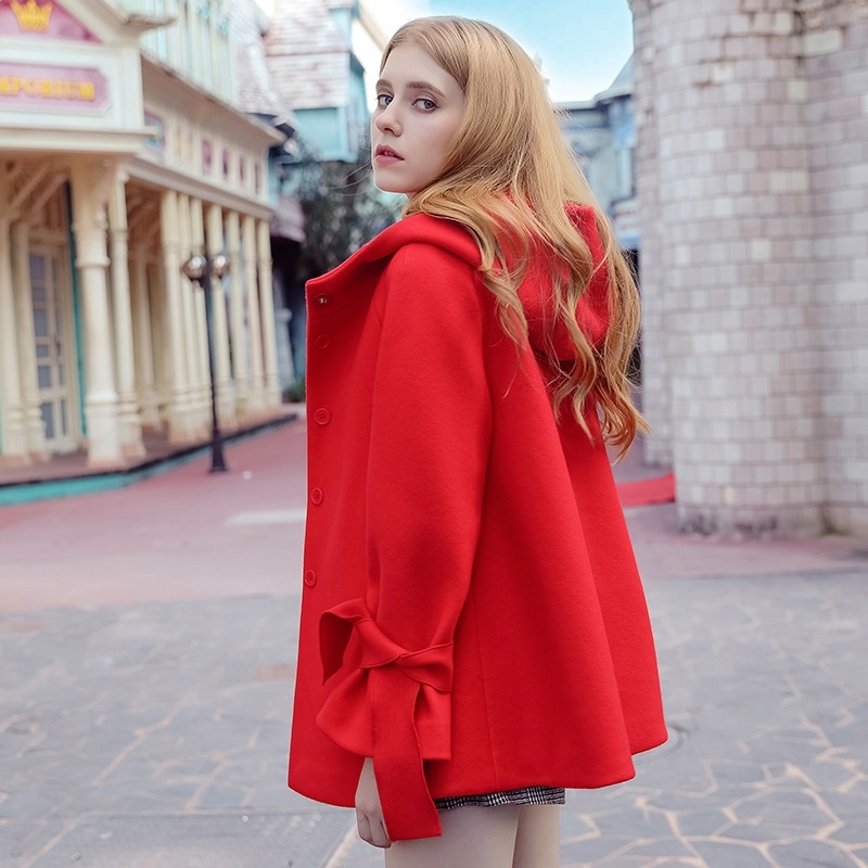 Bow Knotted Hooded Single-Breasted Woolen Jacket