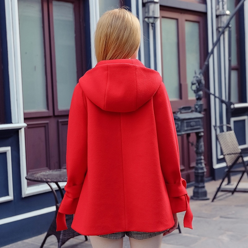 Bow Knotted Hooded Single-Breasted Woolen Jacket