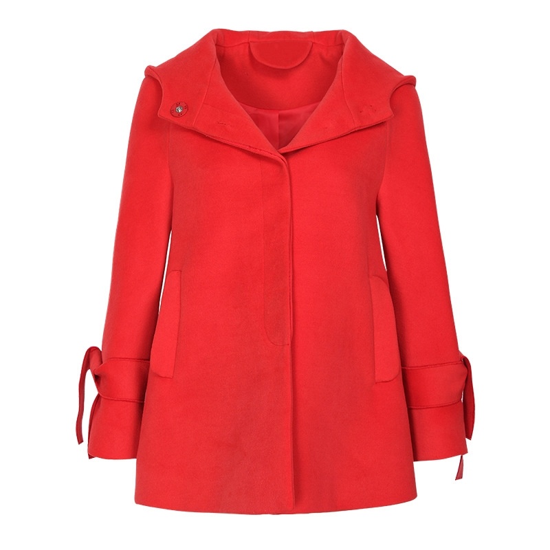 Bow Knotted Hooded Single-Breasted Woolen Jacket