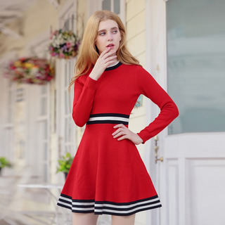 Runder Kragen Traf die Farbe Temperament Damen Stricken ein Wort Kleid