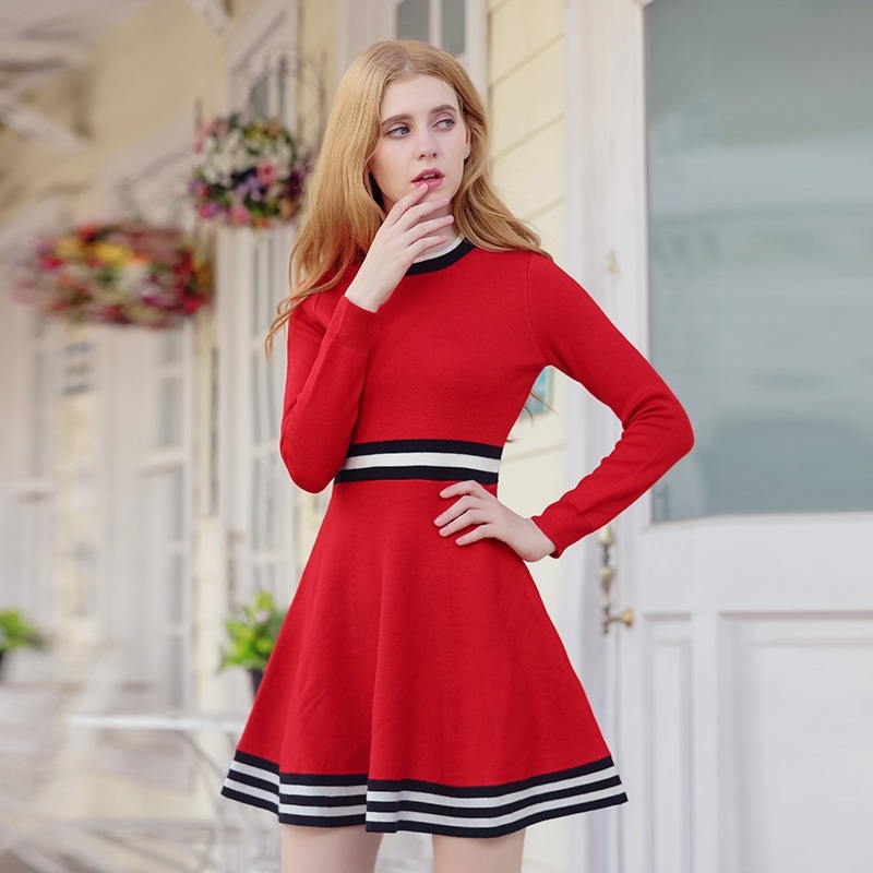 Col rond Frappé Couleur Tempérament Dames Tricoter un Mot Robe