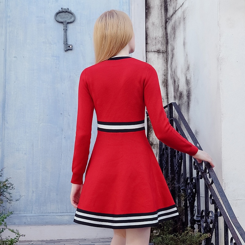 Round Collar Hit Color Temperament Ladies Knit a Word Dress