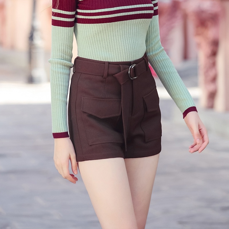 Solid Color Metal Ring Belt Straight Pants Wild Shorts