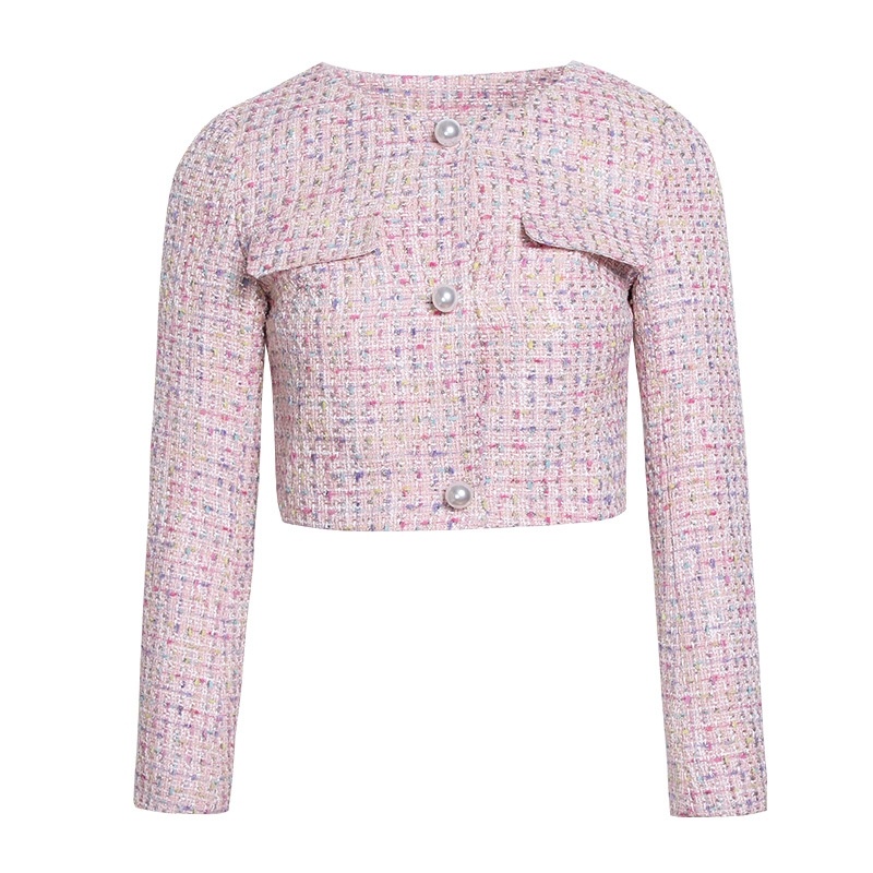 Pink Round Neck Long Sleeve Temperament Ladies Short Paragraph Coat