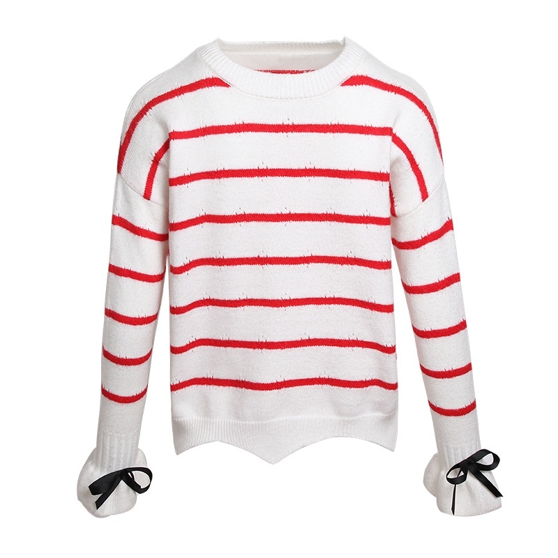 Striped Round Neck Speaker Horn Sleeves Wild Joker Sweater