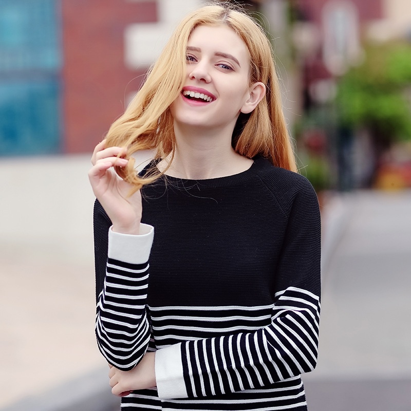 Gestreifte Rundhals-Langarm-Sweet Lady Joker Pullover