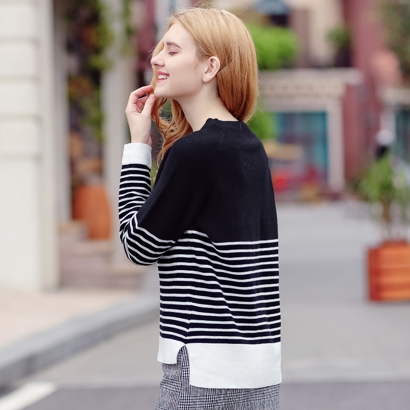 Gestreifte Rundhals-Langarm-Sweet Lady Joker Pullover