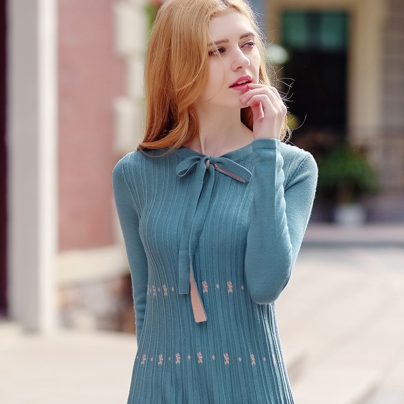 Bowknot Round Neck Color Stitching Temperament Ladies Knit Dress