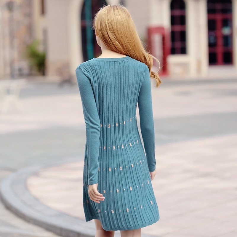 Bowknot Round Neck Color Stitching Temperament Ladies Knit Dress