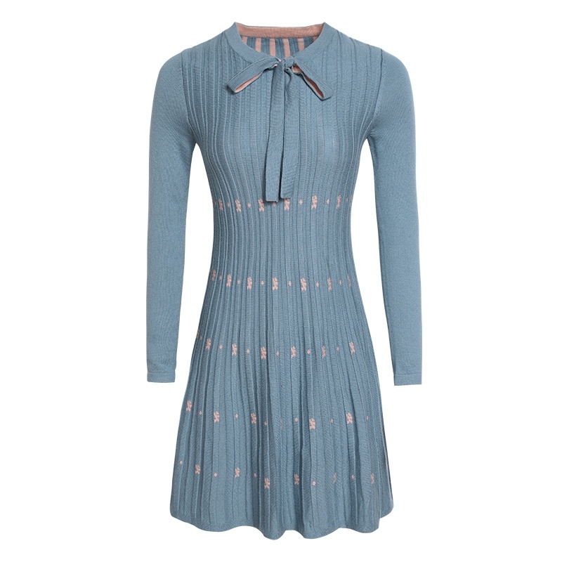 Bowknot Round Neck Color Stitching Temperament Ladies Knit Dress