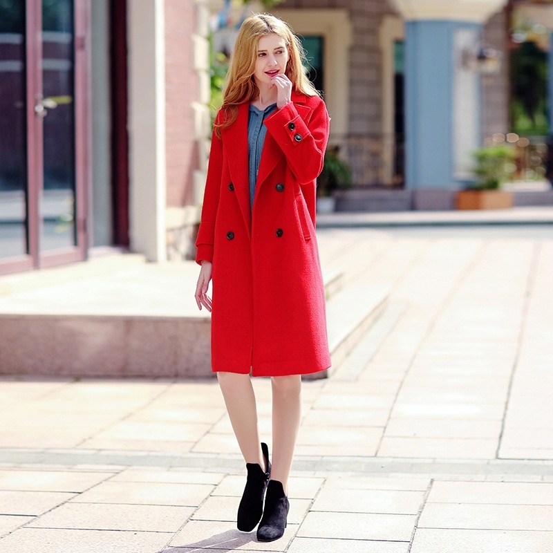 Solid Color Lapel Double Breasted Long Woolen Coat
