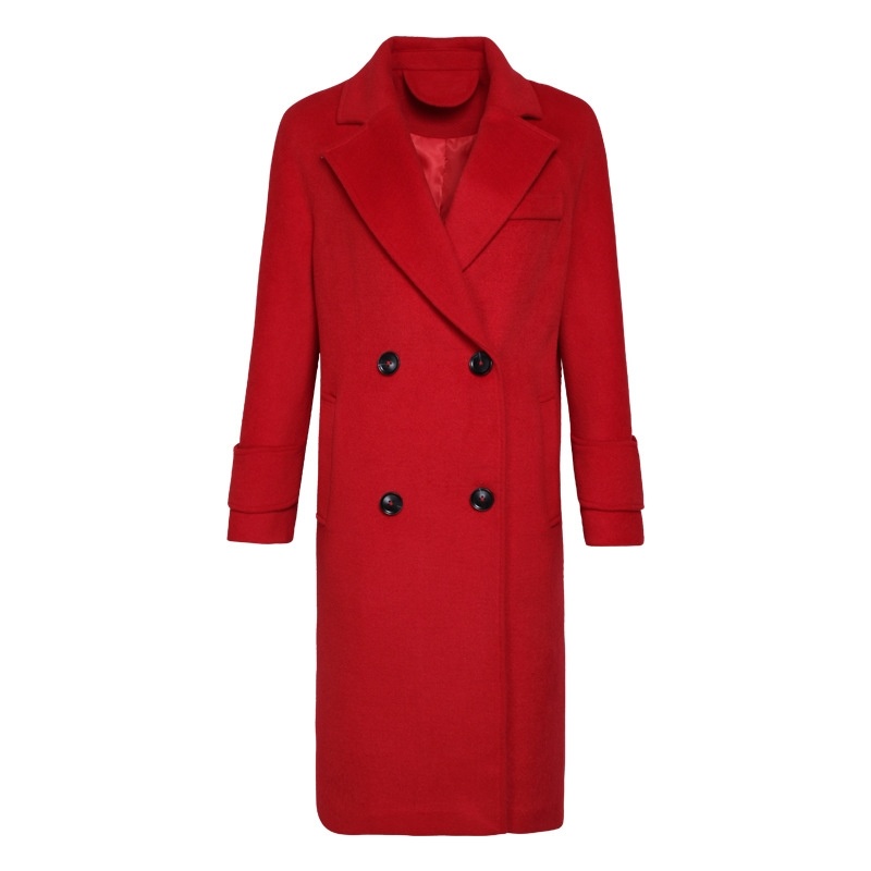 Solid Color Lapel Double Breasted Long Woolen Coat
