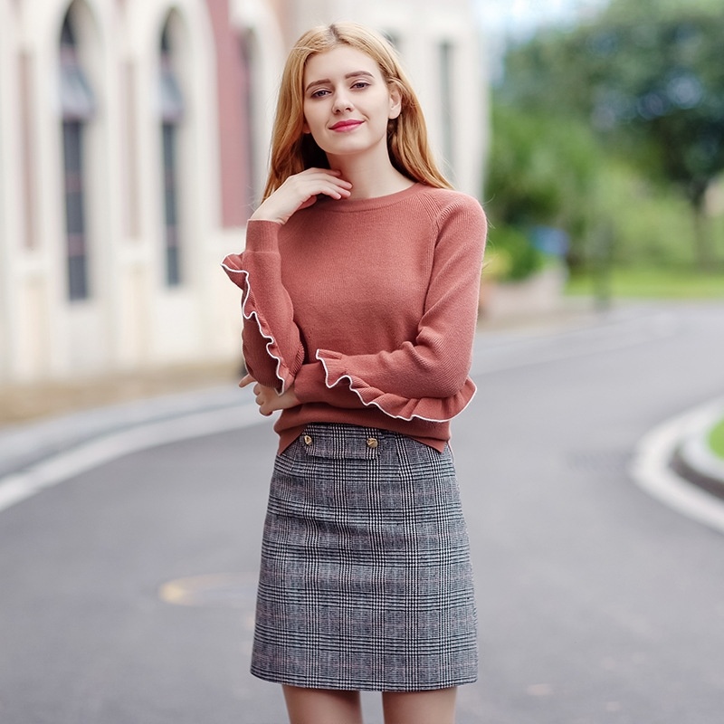 Solid Color Round Neck Hedging Sleeves Temperament Joker Lady Sweater