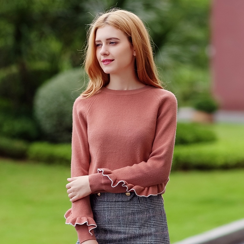 Solid Color Round Neck Hedging Sleeves Temperament Joker Lady Sweater