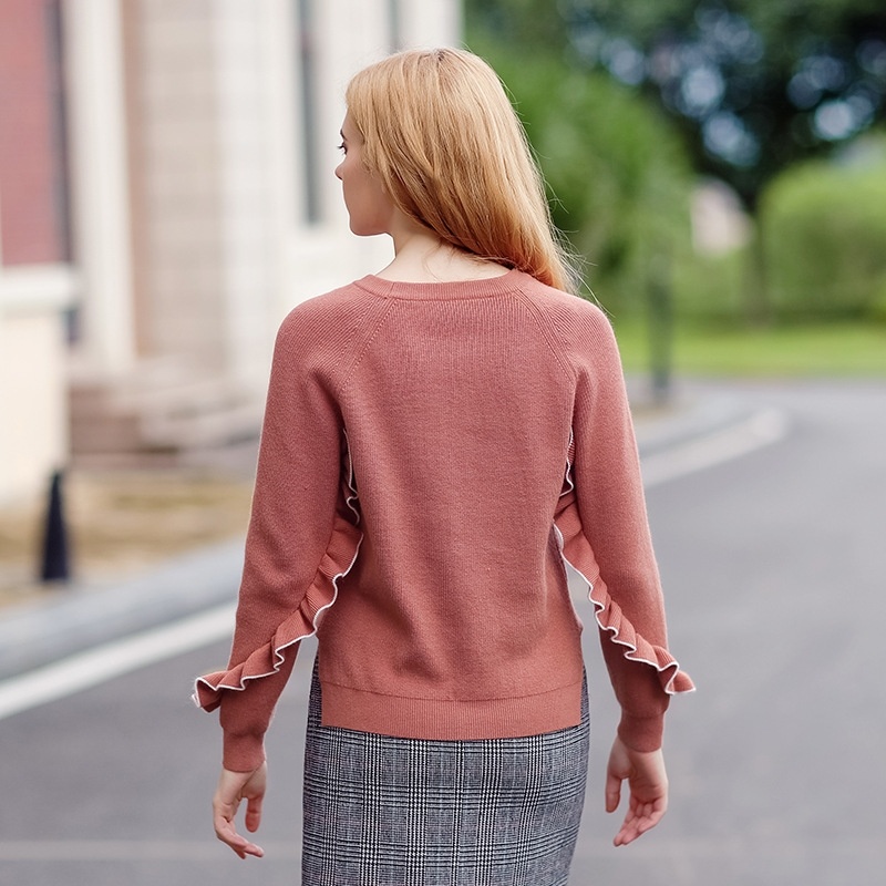 Solid Color Round Neck Hedging Sleeves Temperament Joker Lady Sweater