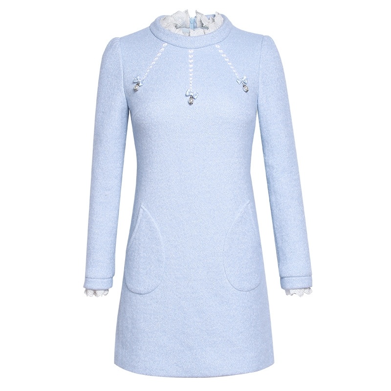 De Couleur Unie À Manches Longues Petite Encens Mince D'Épaisseur De Laine Robe