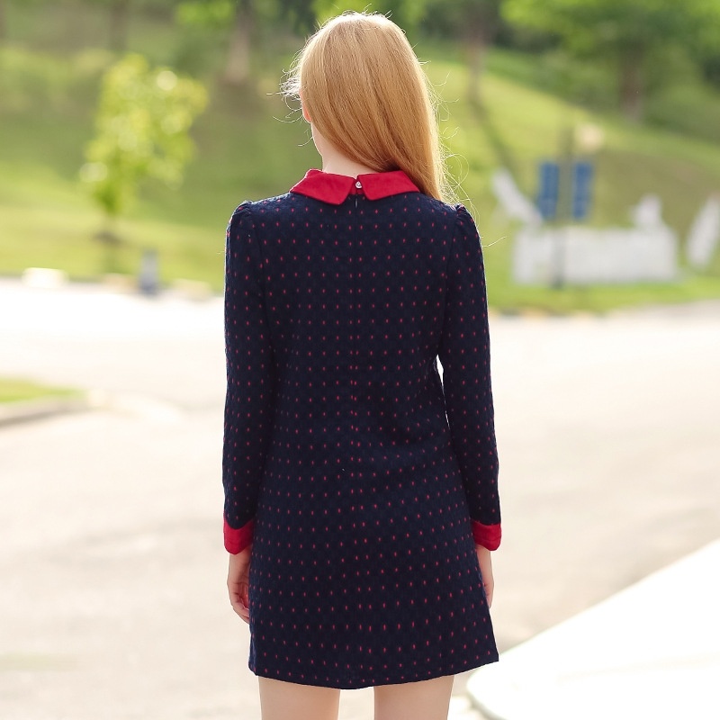 Hit The Color Point Red Doll Collar Plus Cashmere Was Thin Woolen Dress
