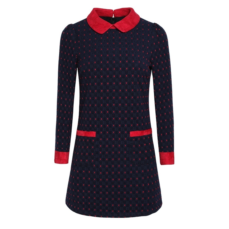 Hit The Color Point Red Doll Collar Plus Cashmere Was Thin Woolen Dress