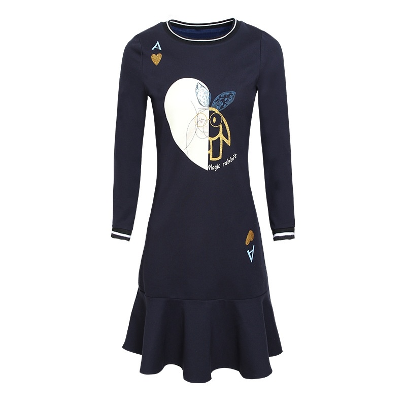 Gedruckt Runde Kragen Lady Plus Samt-Kleid Lotus
