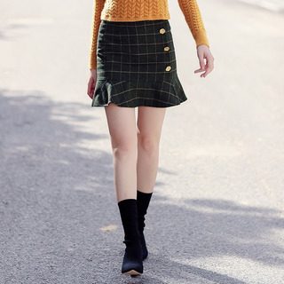 Dark Green Checkered Retro Flounced Casual Woolen Skirts