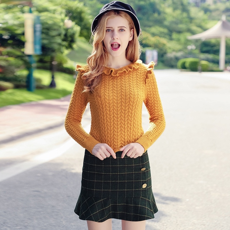 Dark Green Checkered Retro Flounced Casual Woolen Skirts