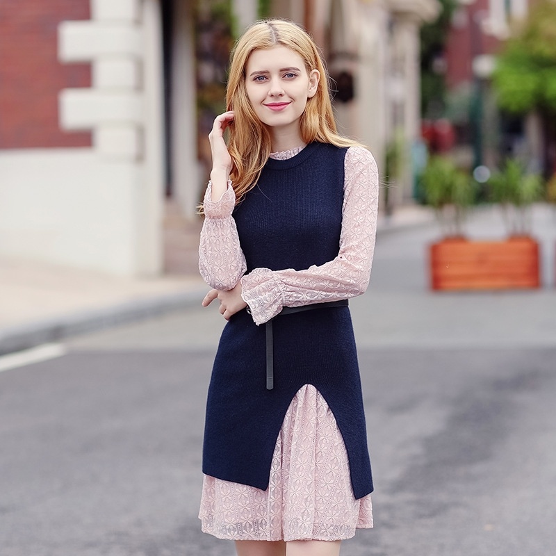 - Rundhalsausschnitt-Trompete Ärmel Kleid Trendy Wilden Zwei-Stück Wolltuch