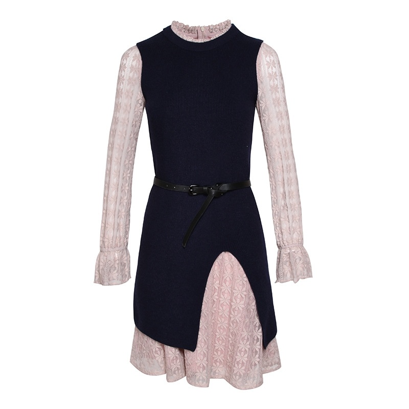 Round Neck Trumpet Sleeve Dress Trendy Wild Two-Piece Woolen Cloth