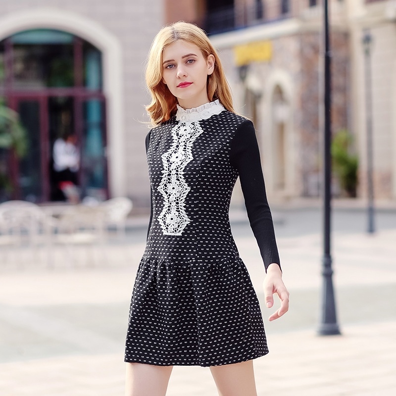 Korean Wave Lace Stitching Base Warm Plus Velvet Dress