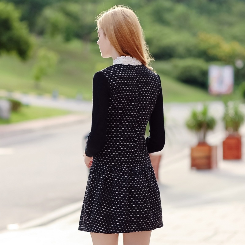 Korean Wave Lace Stitching Base Warm Plus Velvet Dress