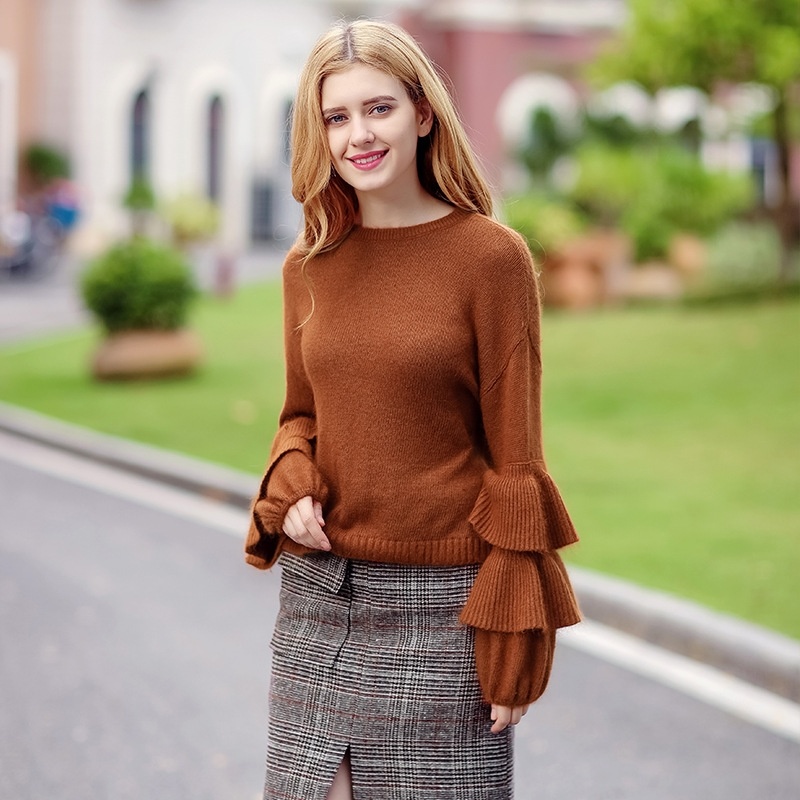 Brown Round Collar Lotus Leaf Lantern Sleeves Joker Ladies Sweaters
