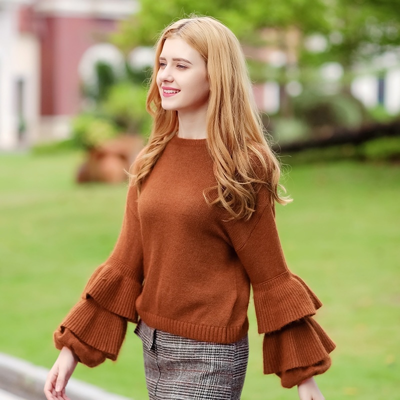 Brown Round Collar Lotus Leaf Lantern Sleeves Joker Ladies Sweaters