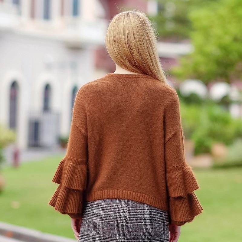 Brown Round Collar Lotus Leaf Lantern Sleeves Joker Ladies Sweaters