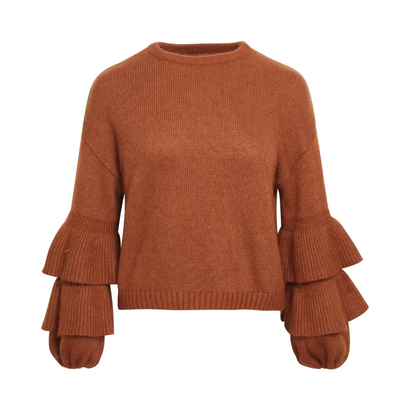 Brown Round Collar Lotus Leaf Lantern Sleeves Joker Ladies Sweaters