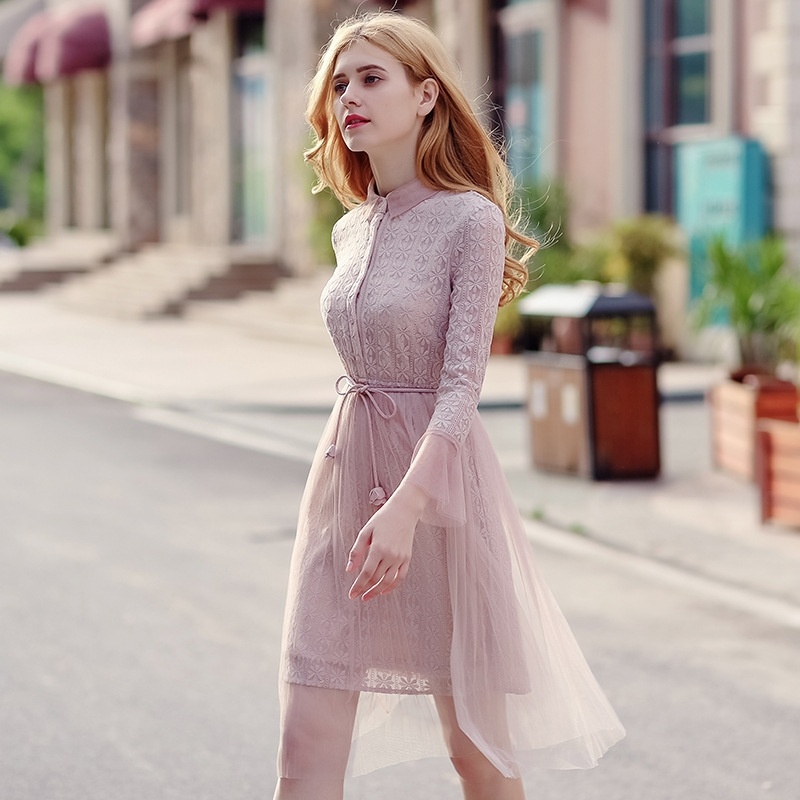 Pink Gauze And Cashmere Temperament Ladies Lace Dress