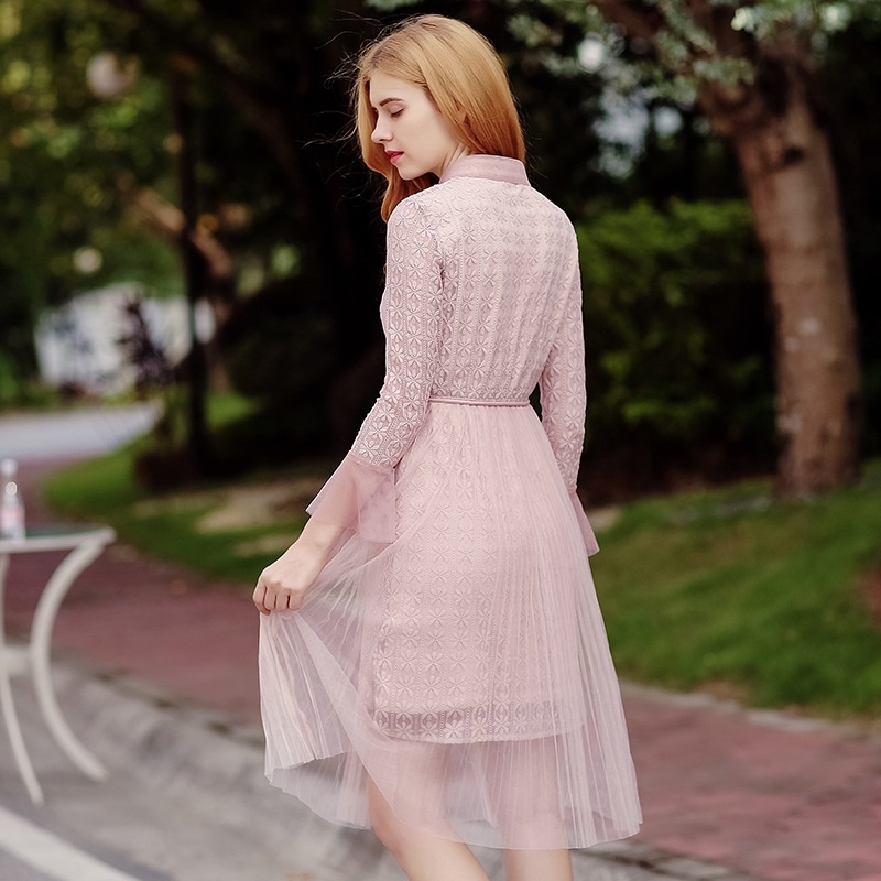 Pink Gauze And Cashmere Temperament Ladies Lace Dress