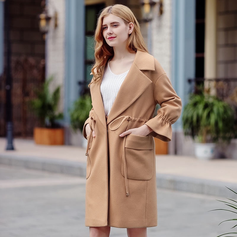 Camel Neuf Points De Manches Cordon De Serrage Ceinture Élastique Manches Trompette Manteau