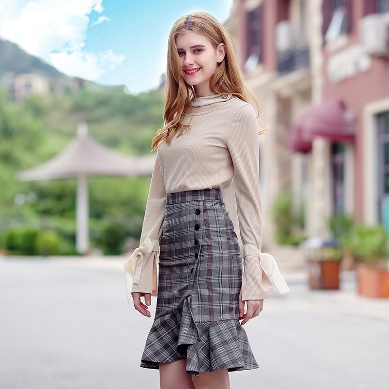Wild Lattice High Waist Pack Hip Lotus Leaf Zipper Stitching Skirts