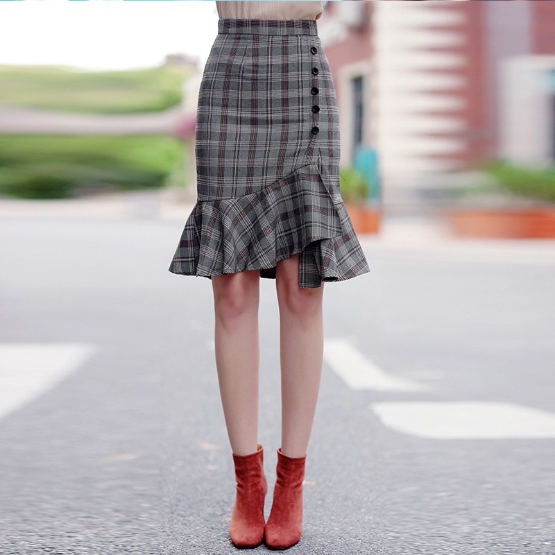 Wild Lattice High Waist Pack Hip Lotus Leaf Zipper Stitching Skirts
