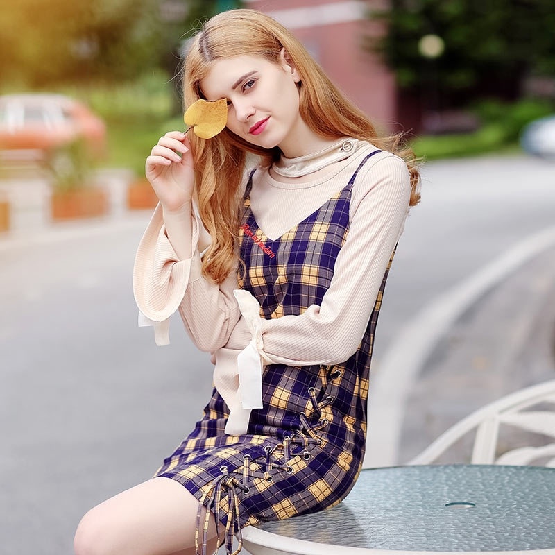 Retro Plaid Alphabet Embroidery Zip Stitching Sling Dress