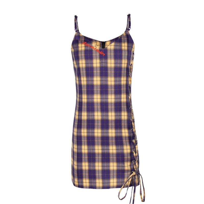 Retro Plaid Alphabet Stickerei-Reißverschluss-Naht-Sling-Kleid