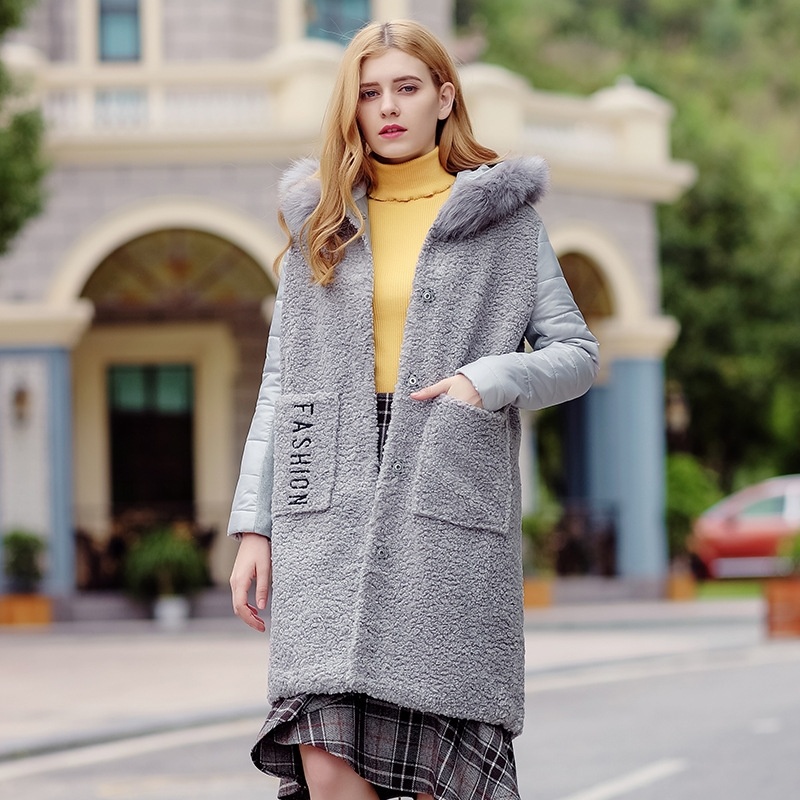 Fur Collar Stitching Hooded Single Breasted Plus Cotton Wool Jacket