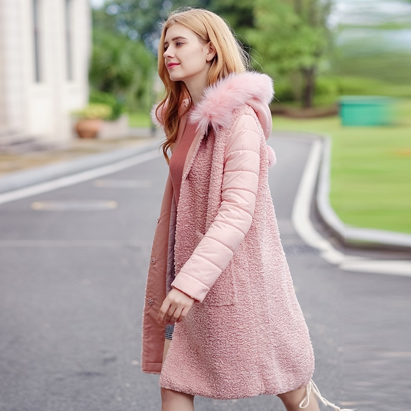 Pelz Kragen Stitching Hooded Einreiher Plus-Baumwolle-Wolle-Jacke