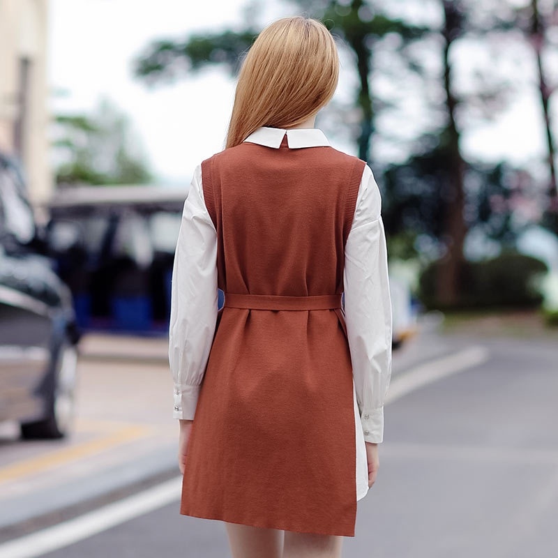 Ribs Round Neck Sleeveless Knit Skirt Long-Sleeved Shirt Skirt Two-Piece