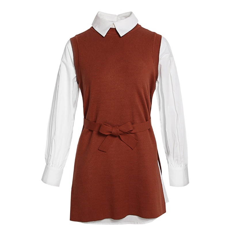 Rippen Round Neck Sleeveless Knit Rock Langarm-Shirt Rock Zwei Stück