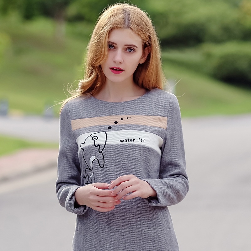 Round Collar Thick Woolen Hit Color Stitching Plus Cashmere Backing Dress