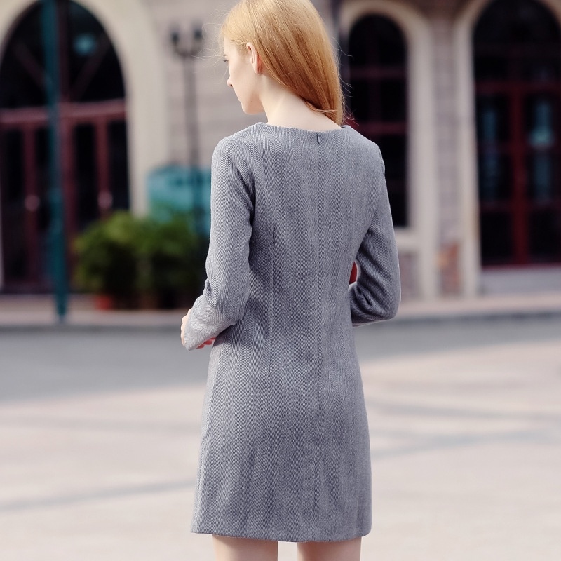 Round Collar Thick Woolen Hit Color Stitching Plus Cashmere Backing Dress
