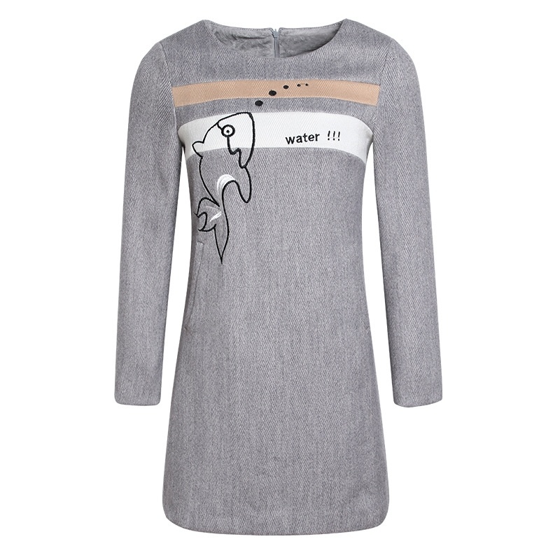 Round Collar Thick Woolen Hit Color Stitching Plus Cashmere Backing Dress