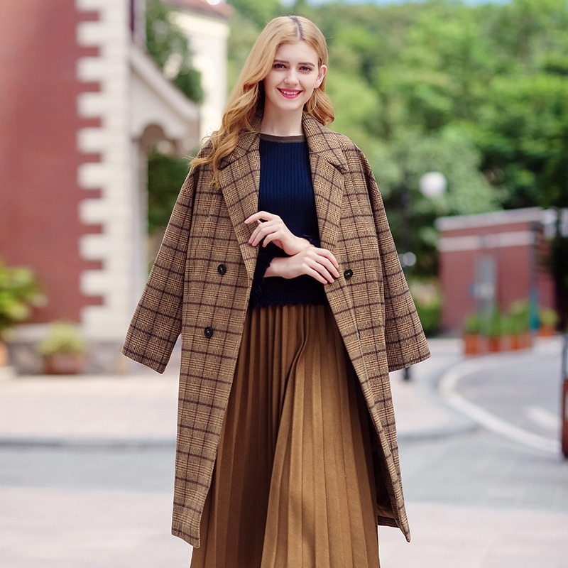 Warm Tartan Plus Long Double Breasted Significant Thin Coat