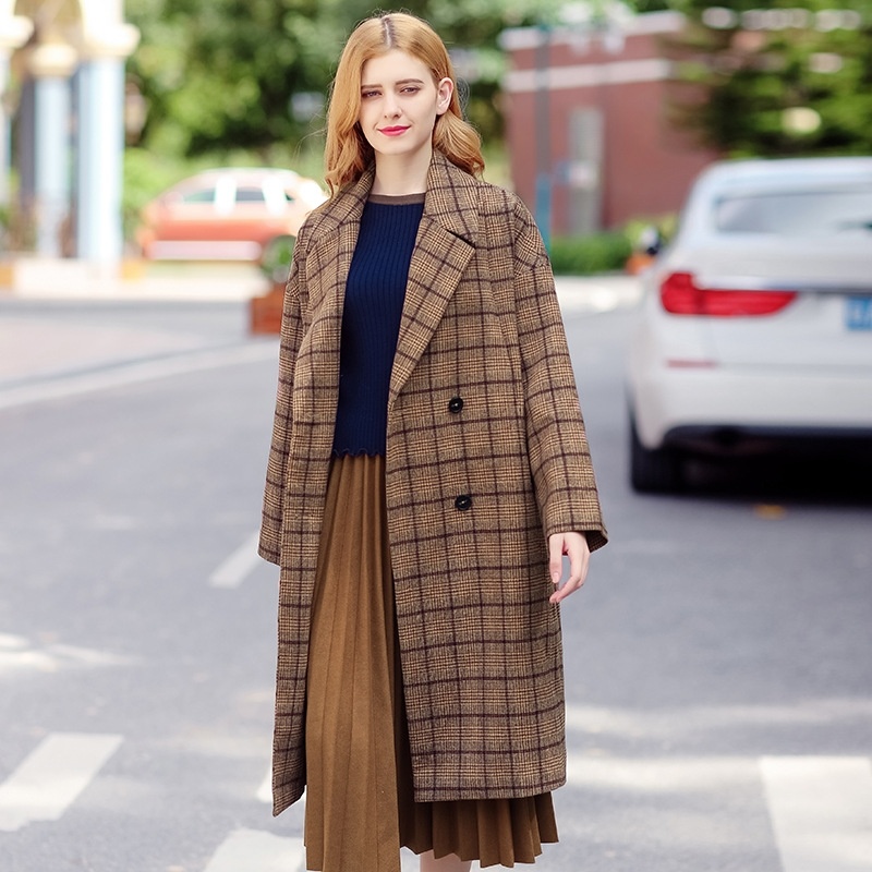 Warm Tartan Plus Long Double Breasted Significant Thin Coat