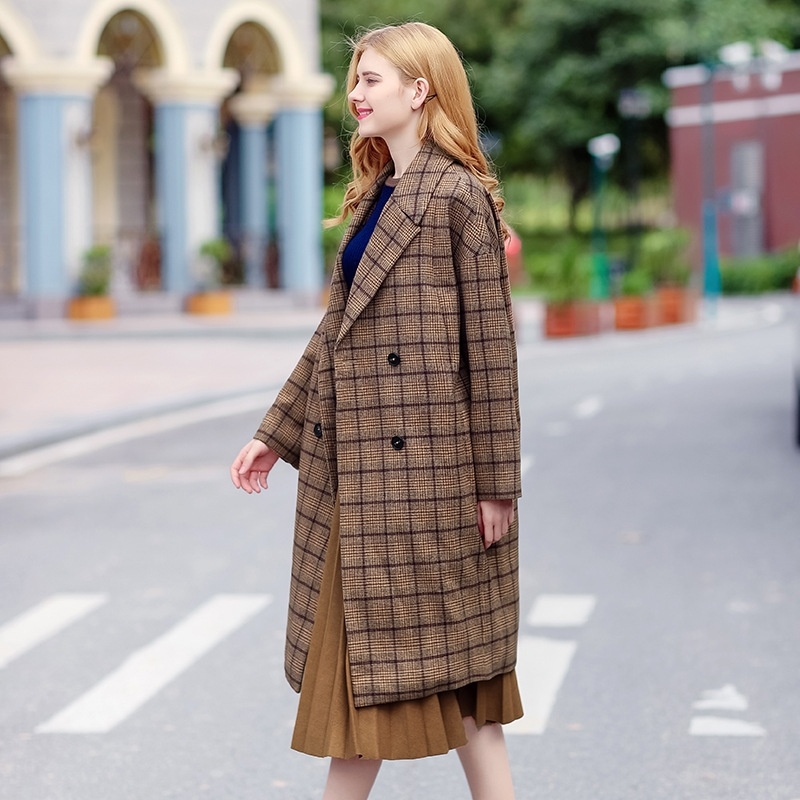 Warm Tartan Plus Long Double Breasted Significant Thin Coat